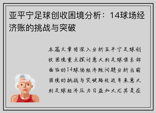 亚平宁足球创收困境分析：14球场经济账的挑战与突破