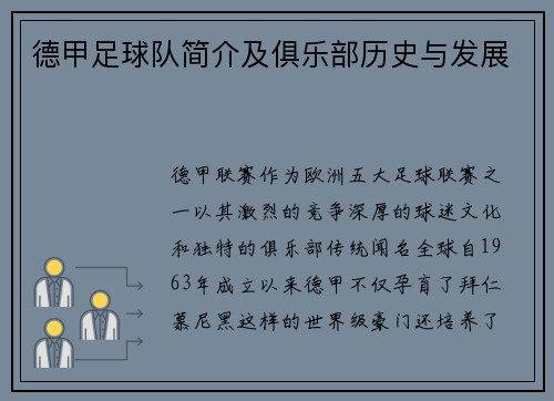 德甲足球队简介及俱乐部历史与发展
