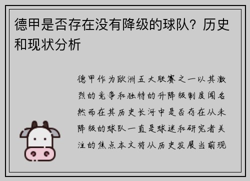 德甲是否存在没有降级的球队？历史和现状分析